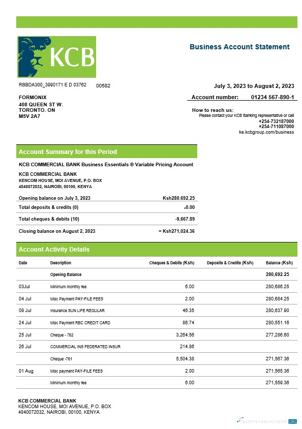 Download Kenya Commercial Bnak firm account statement Word and PDF template Photoshop template